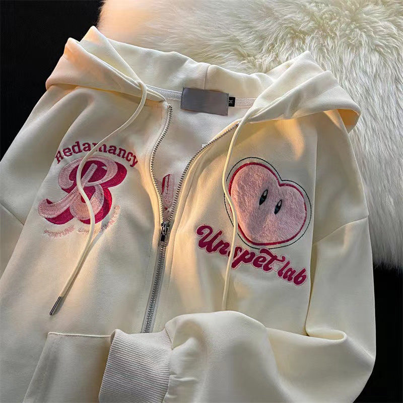 Women's Embroidered Zipper Hooded Cardigan Sweater
