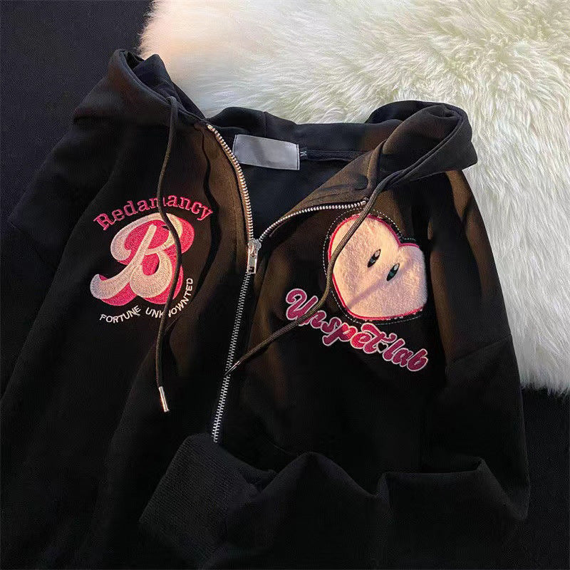 Women's Embroidered Zipper Hooded Cardigan Sweater