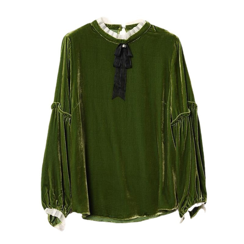 Green Pleuche Long Sleeve Lace-Up Top