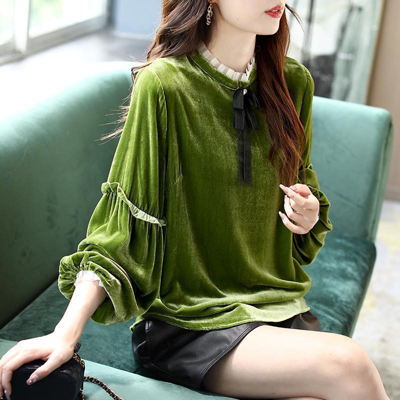 Green Pleuche Long Sleeve Lace-Up Top