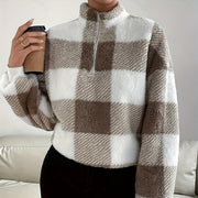 Women's Buffalo Plaid Off-Shoulder Half-Zip Sweater