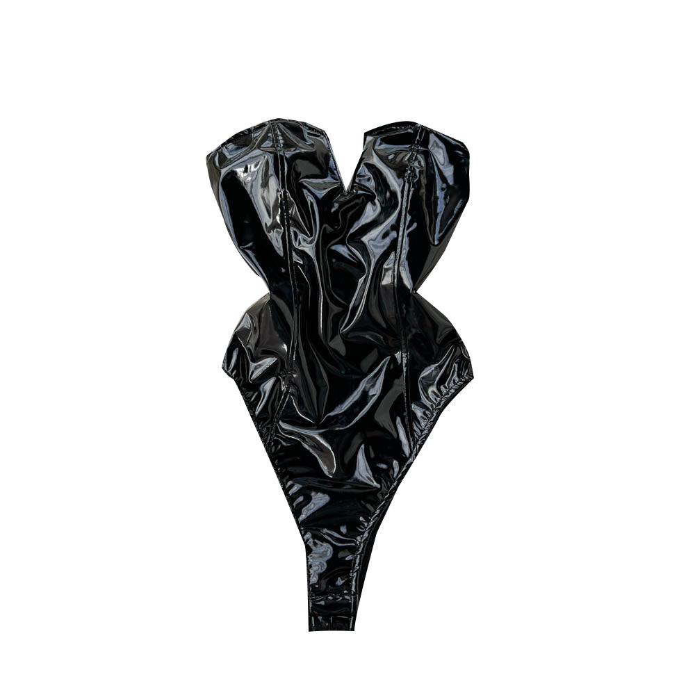 Women's V-Neck Faux Leather High-Fork Jumpsuit