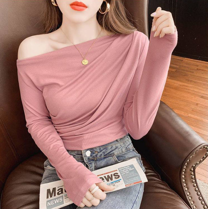 Off-Shoulder Pleated Slimming Top for Chic Commuting