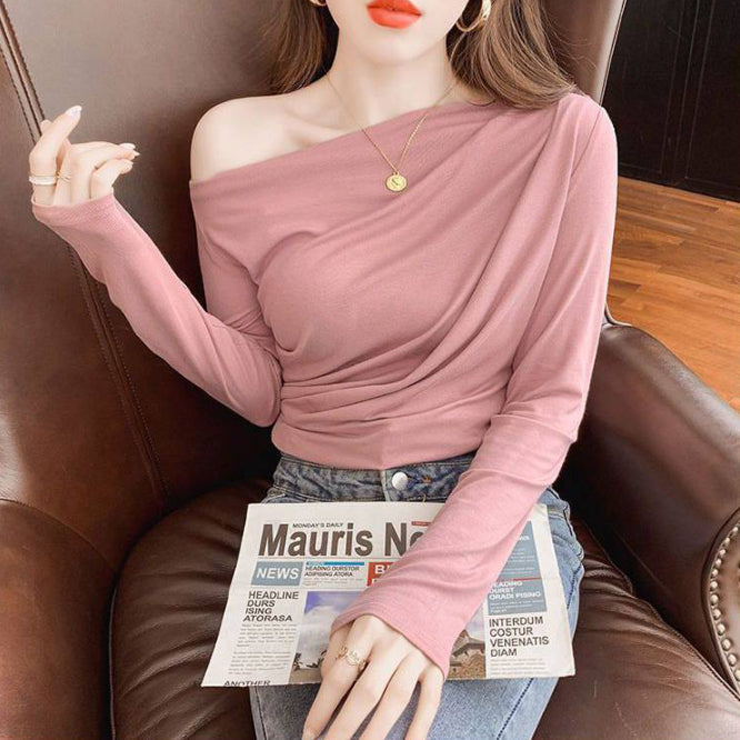 Off-Shoulder Pleated Slimming Top for Chic Commuting