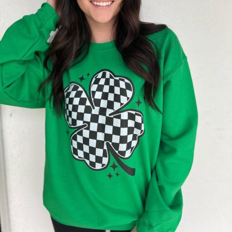 Chic Plaid Clover Print Pullover Sweatshirt