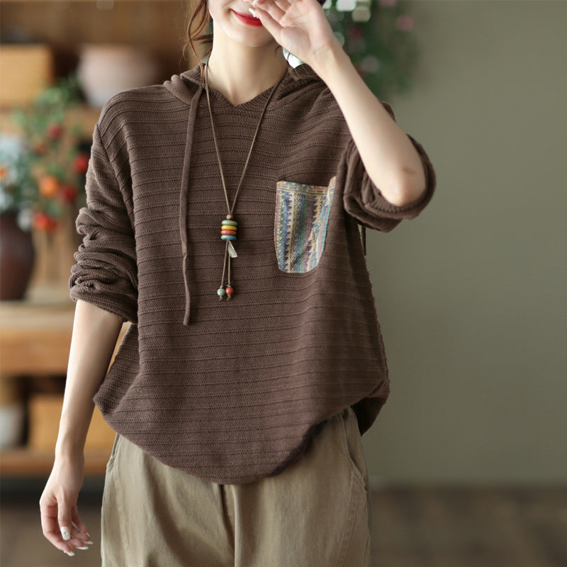 Casual Cotton Knitted Patch Hoodie for Women