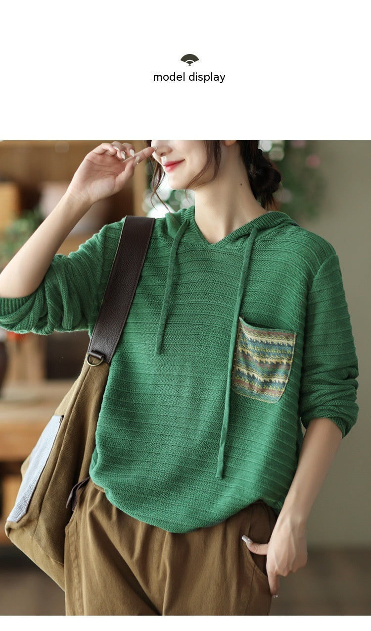 Casual Cotton Knitted Patch Hoodie for Women