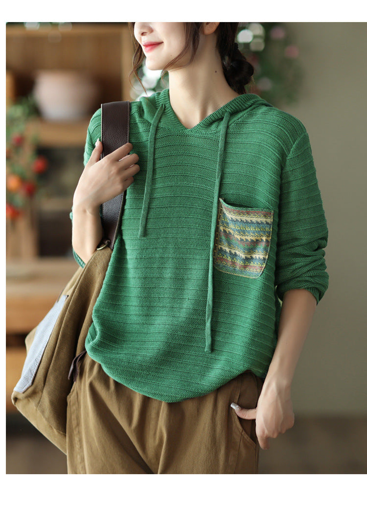 Casual Cotton Knitted Patch Hoodie for Women