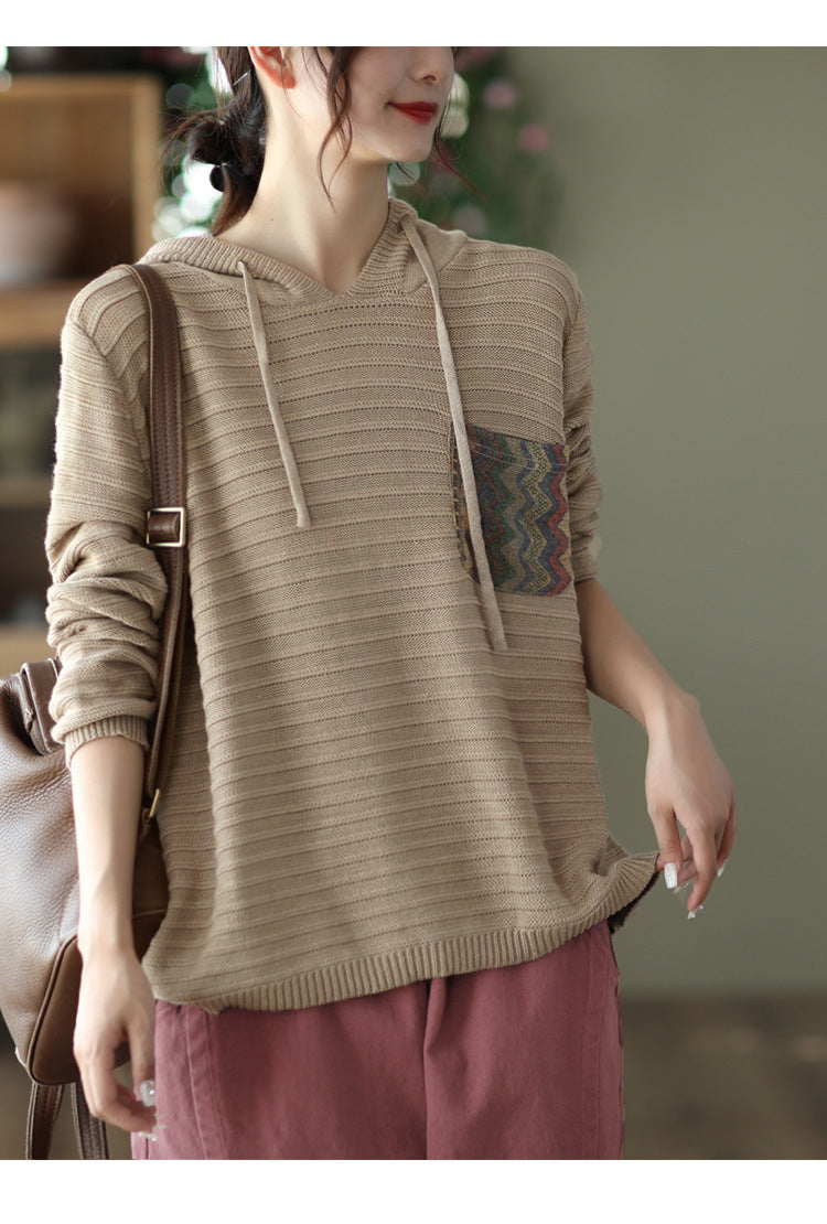 Casual Cotton Knitted Patch Hoodie for Women