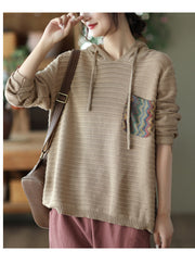 Casual Cotton Knitted Patch Hoodie for Women