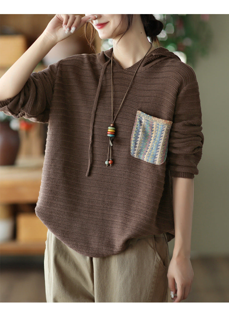 Casual Cotton Knitted Patch Hoodie for Women