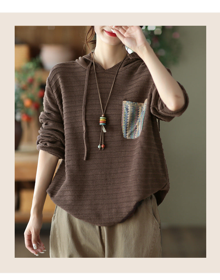 Casual Cotton Knitted Patch Hoodie for Women