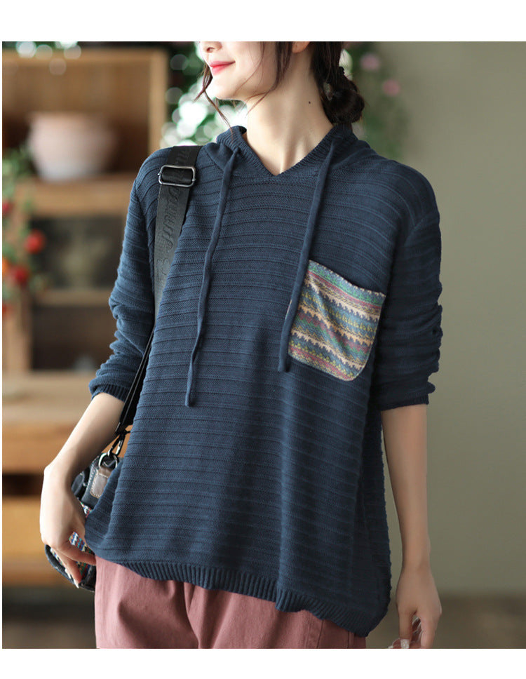 Casual Cotton Knitted Patch Hoodie for Women