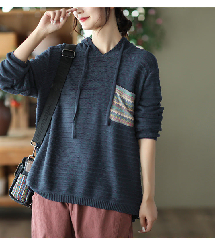 Casual Cotton Knitted Patch Hoodie for Women