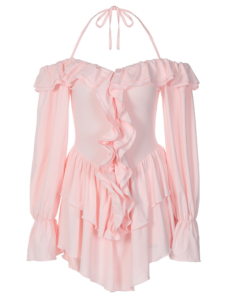 Women's Ruffled Long-Sleeve Romper Shorts