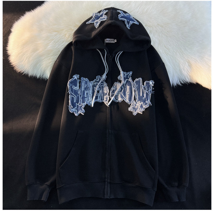 Women's Letter Zip-Up Hooded Cardigan Sweater