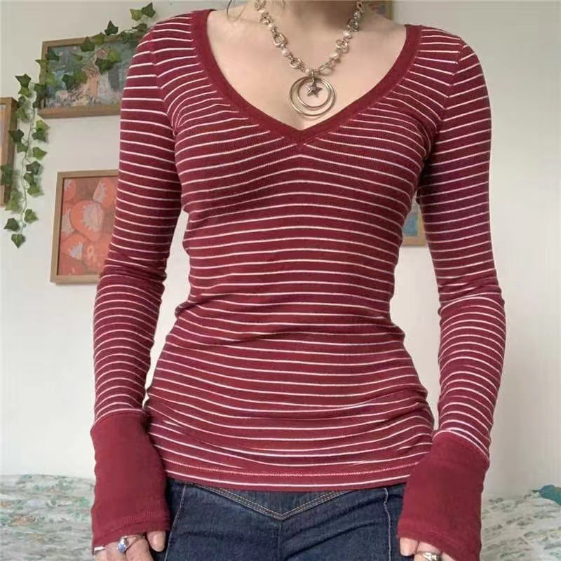Women's Striped V-Neck Long Sleeve Casual Top