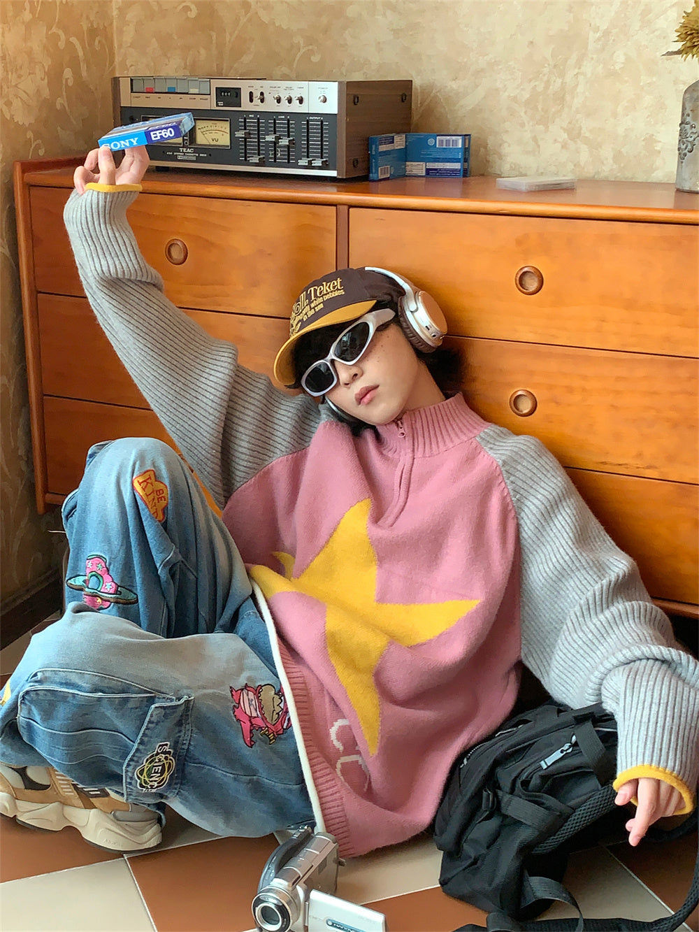 Retro Star Stand Collar Loose Knit Sweater Coat
