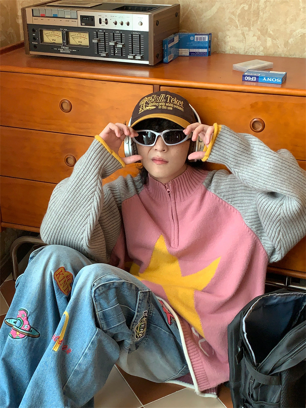 Retro Star Stand Collar Loose Knit Sweater Coat