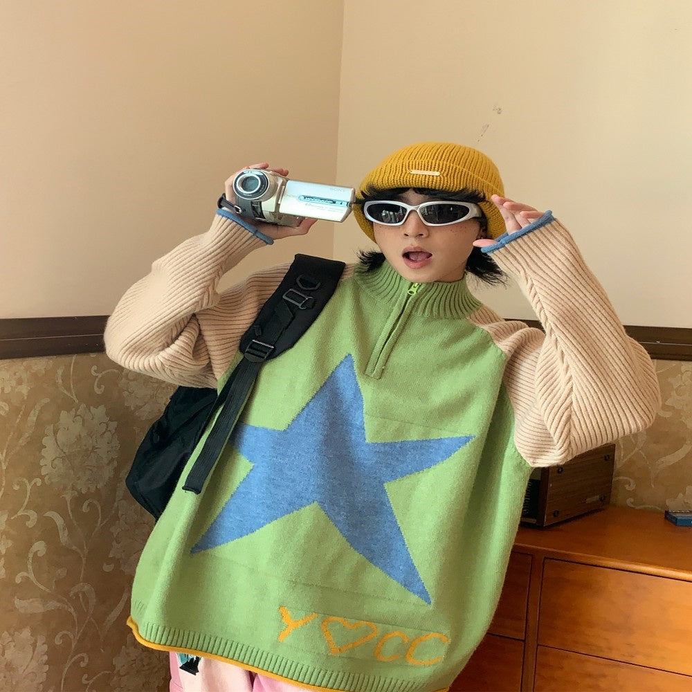Retro Star Stand Collar Loose Knit Sweater Coat