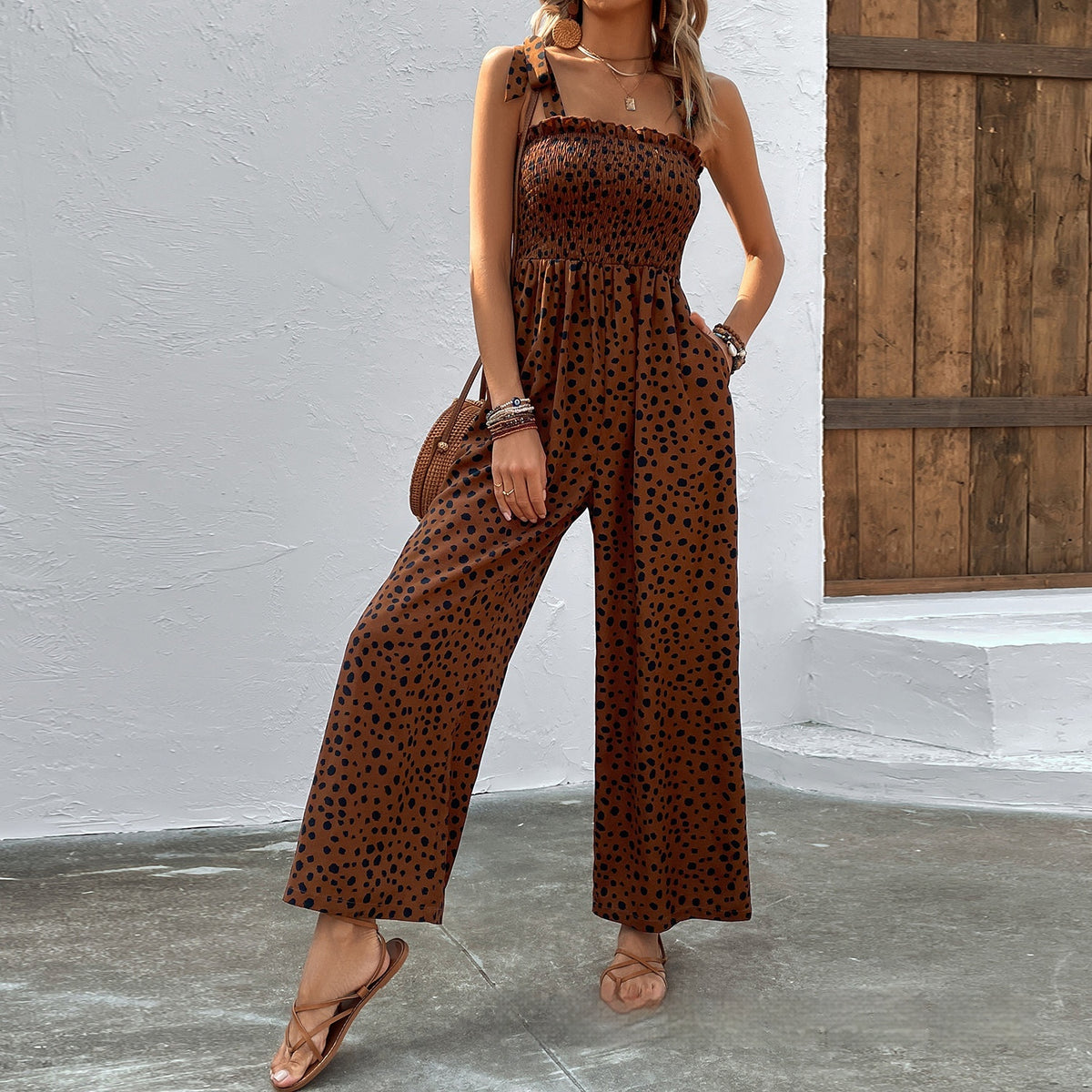 Chic Polka Dot Wide-Leg Jumpsuit with Pockets