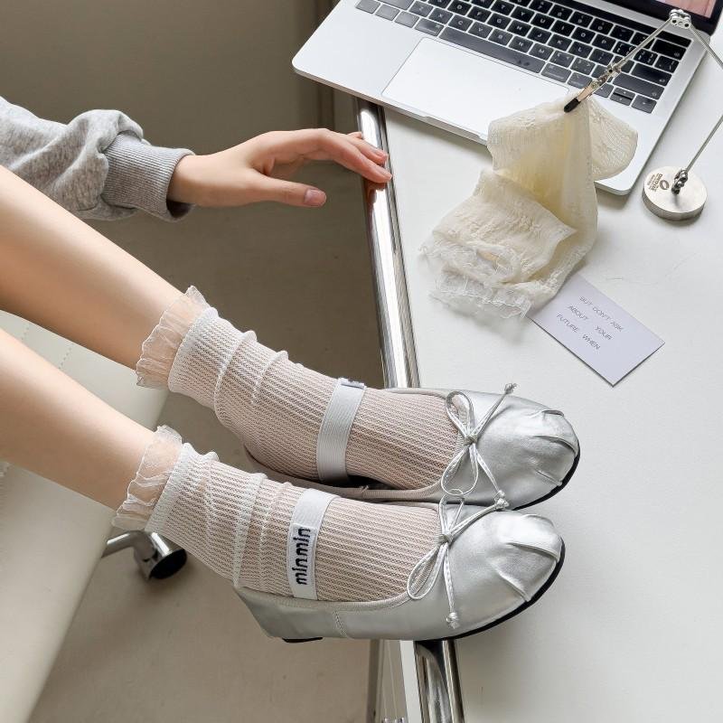 Blue Floral Lace Bunching Socks for Women