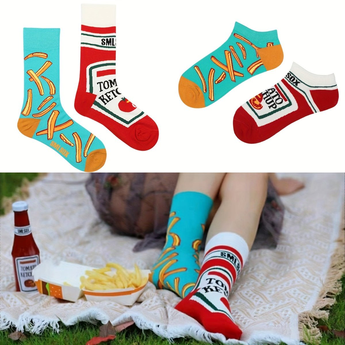 Unmatched Color Cartoon Food Socks for Men & Women