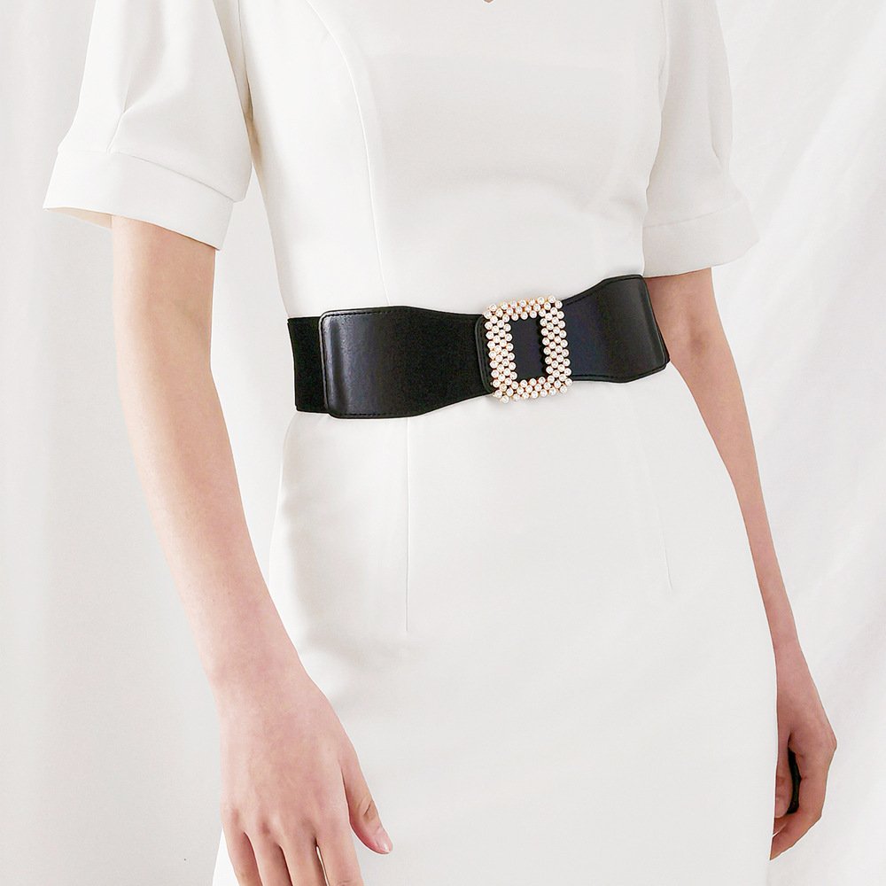 Black Rhinestone Square Buckle Elastic Waistband for Women