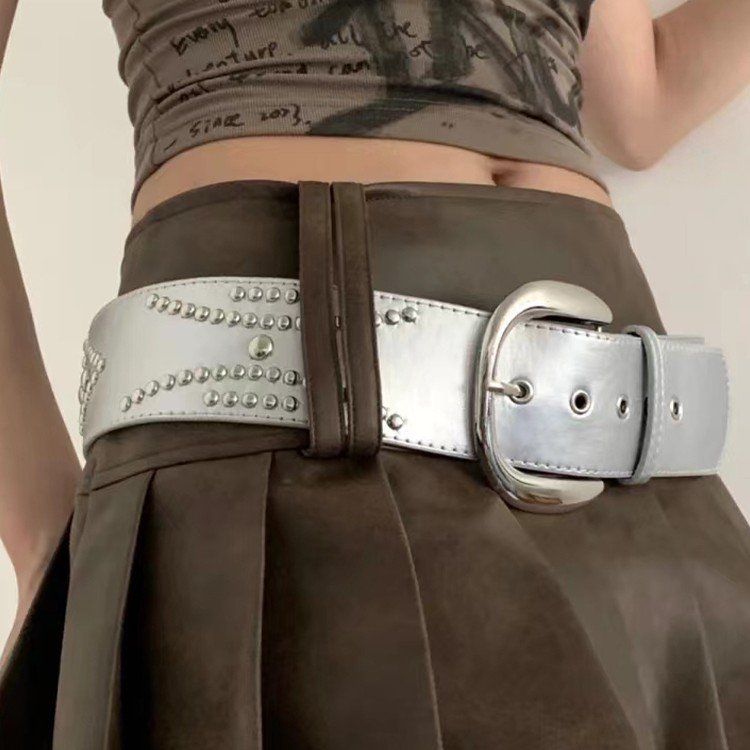 Wide Silver Rivet PU Belt for Women