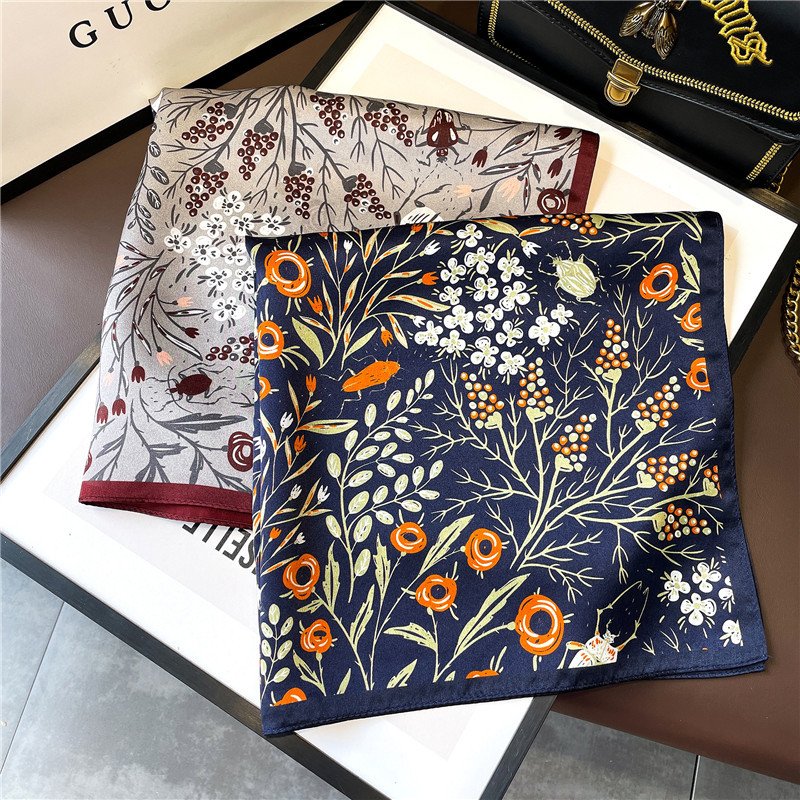 Navy Blue Gray Silk Square Scarf for Women