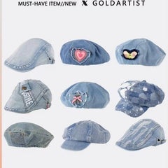 Light Blue Denim Beret All-Match Retro Hat for Women