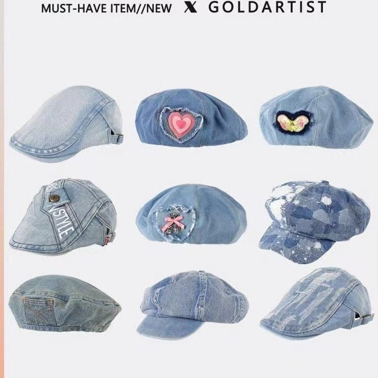 Light Blue Denim Beret All-Match Retro Hat for Women