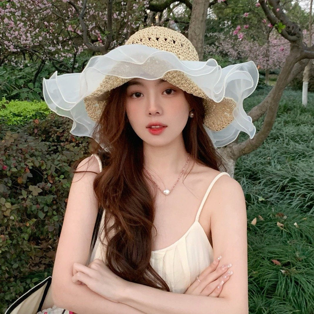 Beige Summer Straw Hat with Pearl Mesh Trim