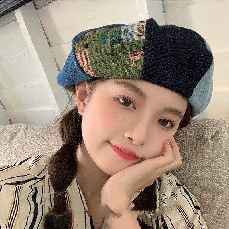 Retro Denim Octagonal Beret for Women