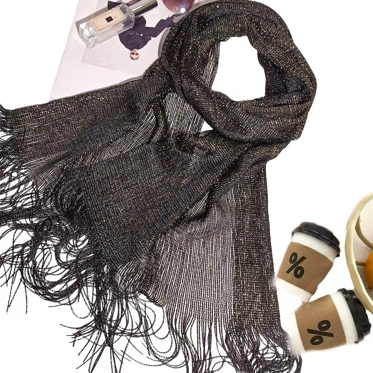 Thin Rayon Scarf for Women, Gold and Silver European Style Shawl, Quick-Drying Polyester Fabric
