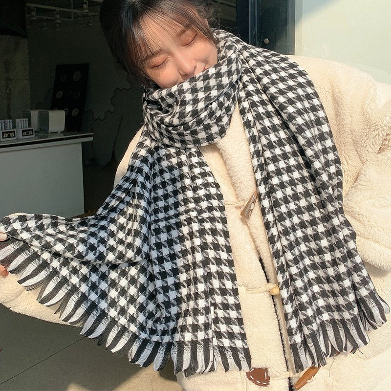 Warm Houndstooth Scarf - Artificial Cashmere Shawl with Tassel