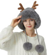 Warm Antlers Knitted Hat - Large Plush Edge Wool Beanie for Women