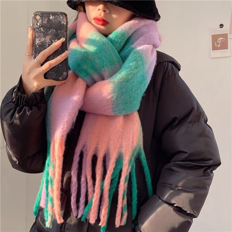 Rainbow Plaid Tassel Scarf, Color-Blocking Shawl for Women