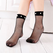 Thin Fishnet Beaded Mid-calf Socks for Women