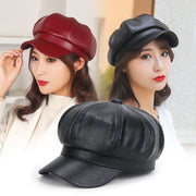 Winter Beret for Women PU Leather Solid Color