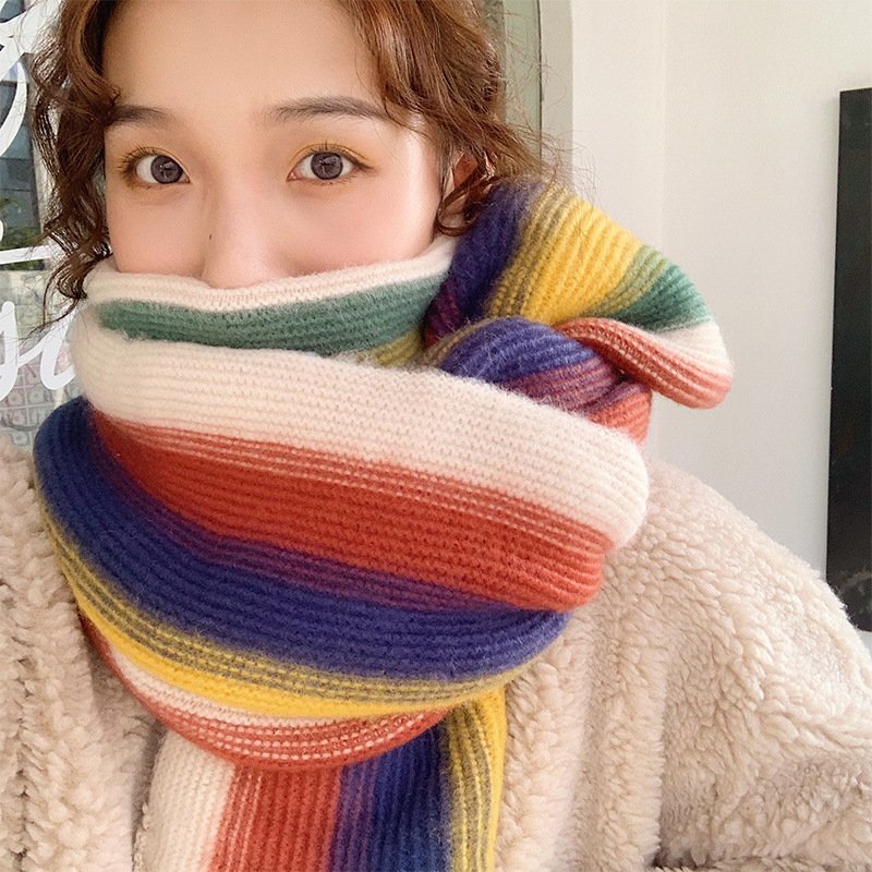 Rainbow Striped Knitted Scarf - Warm All-match Shawl