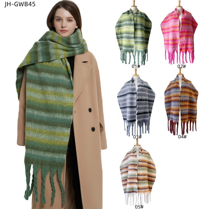 European-Style Winter Scarf, Thickened & Warm, 6-Color Striped Design