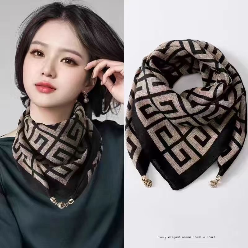 Square Silk Scarf for Women, Magnetic Buckle Winter Accessory