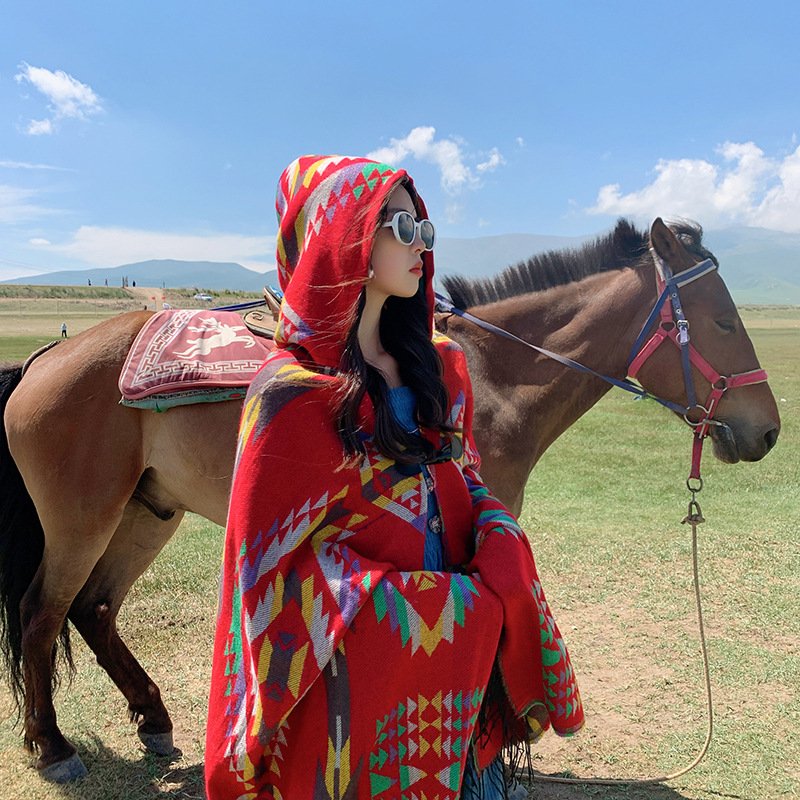 Women's Plaid Woolen Scarf Cape Coat for Sun Protection and Warmth