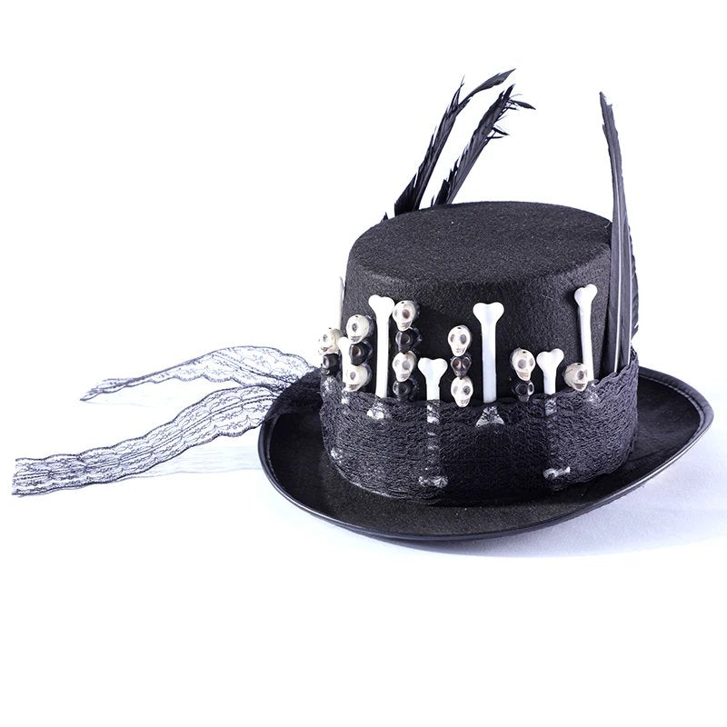Skull Feather Flat Top Top Hat for Men & Women