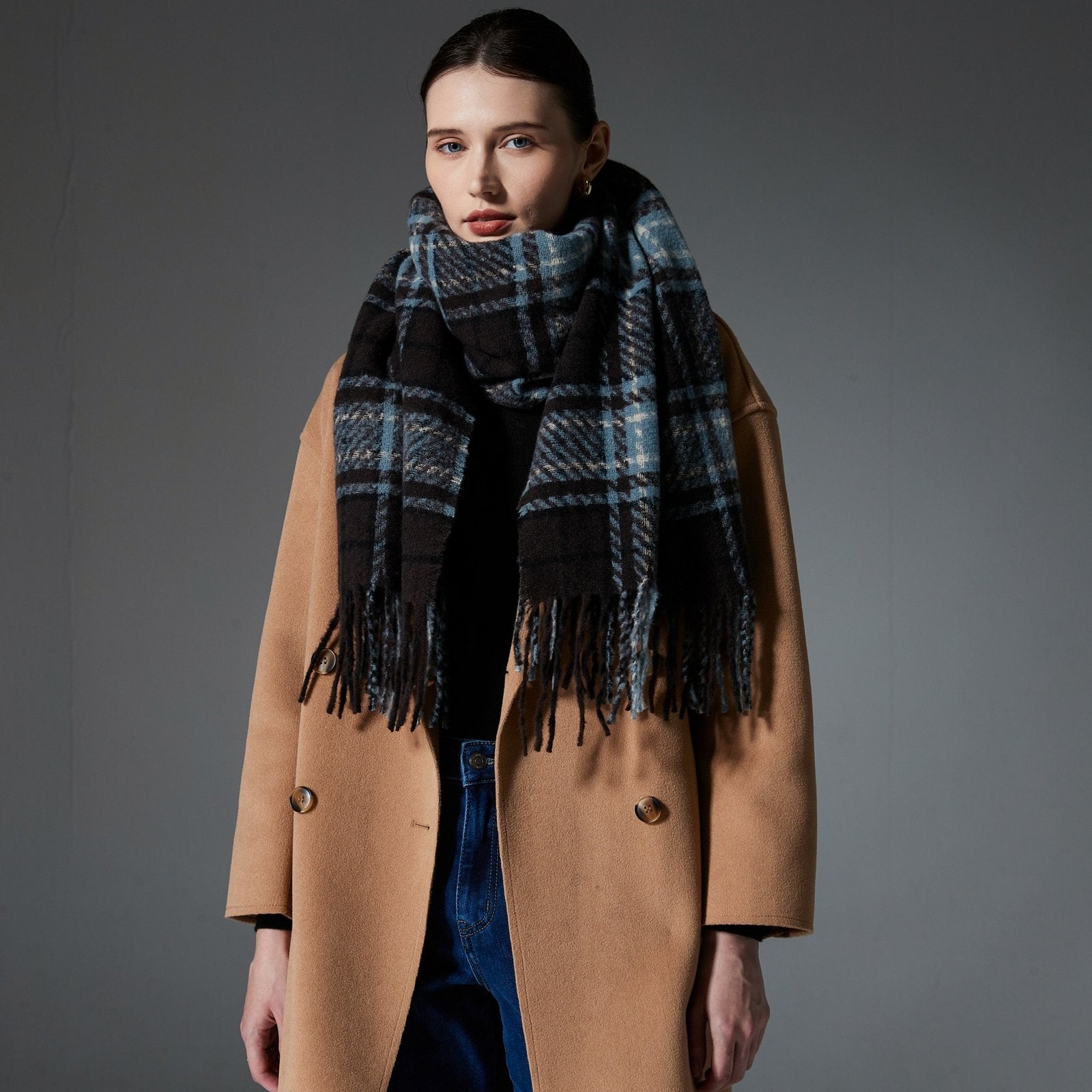 Blue Plaid Winter Scarf, Warm & Versatile, European Style