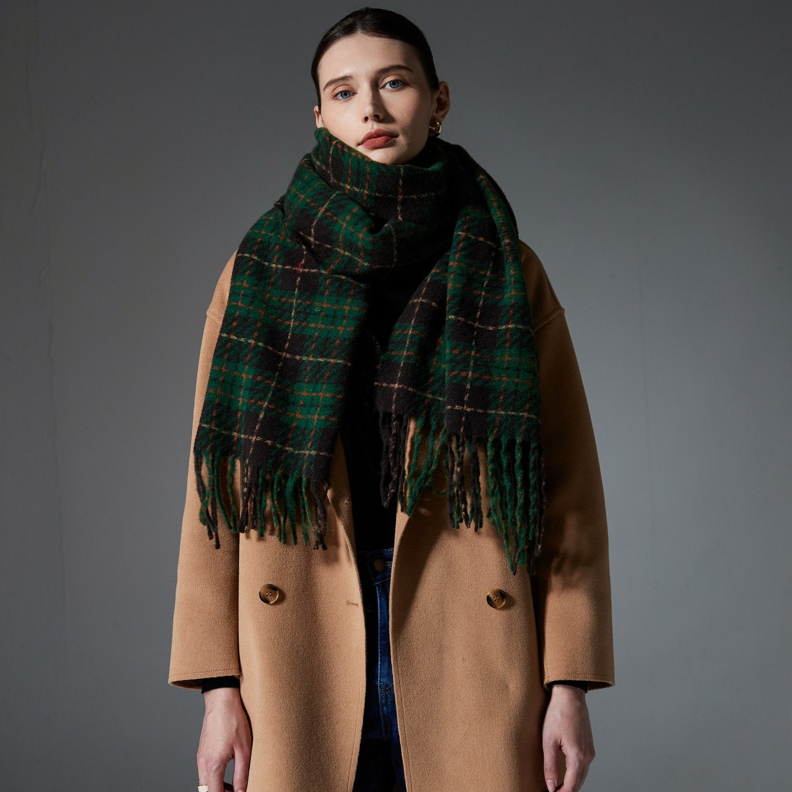 Green Tassel Plaid Scarf Shawl