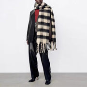 Warm Winter Scarf for Women - Black Rice Plaid Tassel Bib Shawl