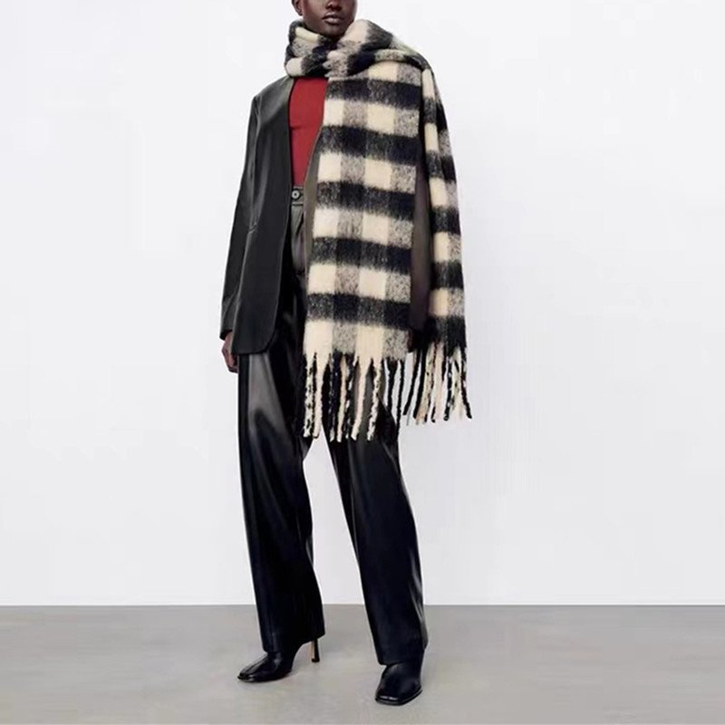 Warm Winter Scarf for Women - Black Rice Plaid Tassel Bib Shawl
