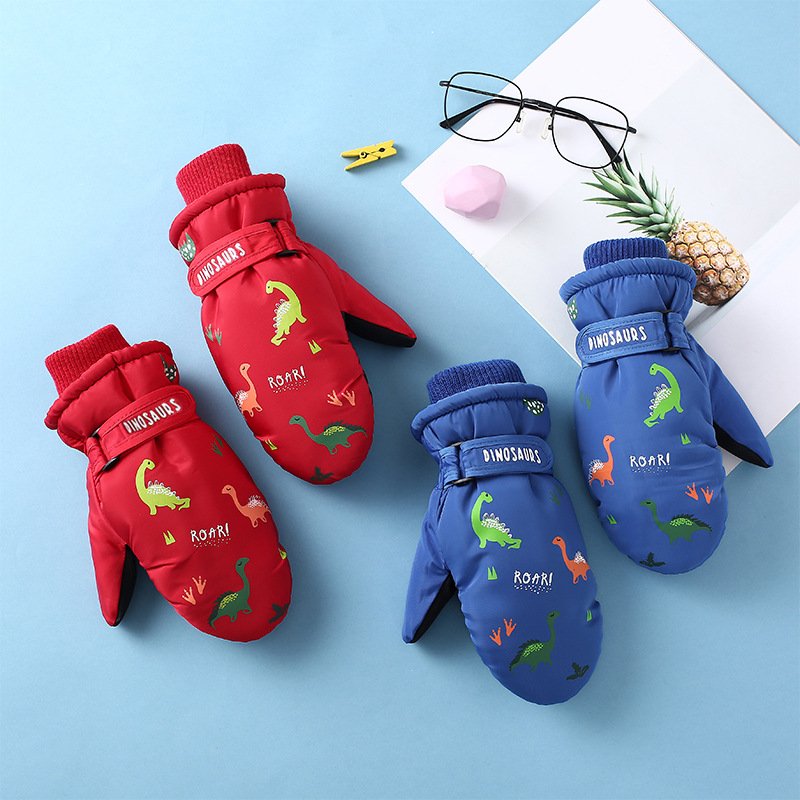Kids' Cartoon Dinosaur Ski Gloves - Fleece-Lined Warm